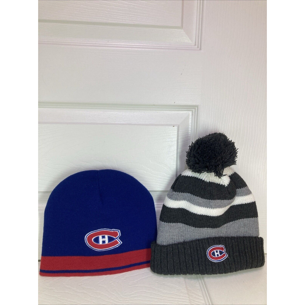 2 X Men NHL Montreal Canadiens Logo Warm Knit Beanie Winter Pom Hat Cap Red Blue